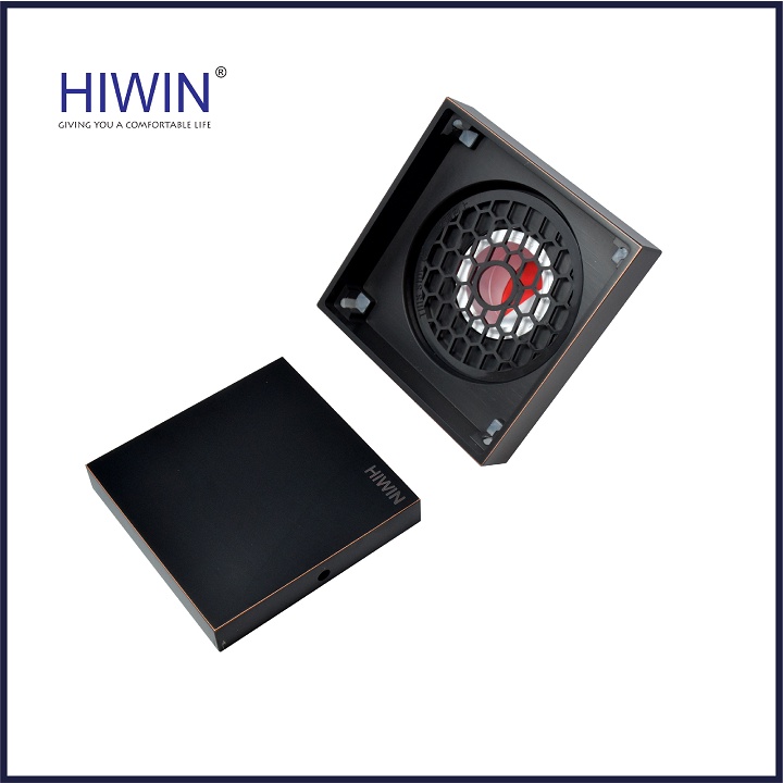 Phễu thoát sàn lát gạch ngăn mùi hôi đồng mạ đen kích thước 100x100mm HIWIN FD-1901B