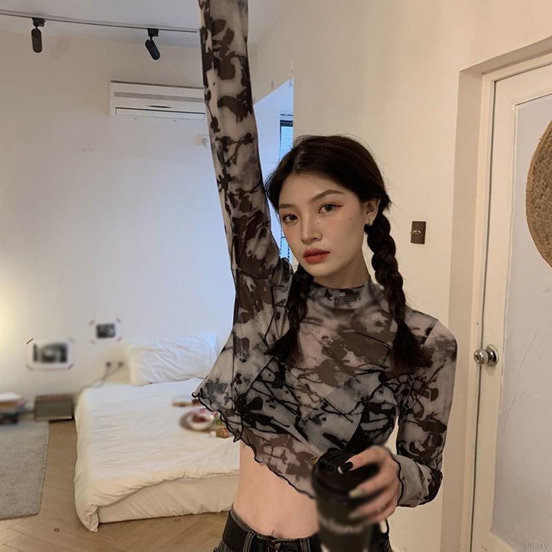 Áo Thun Croptop Tay Dài Chống Nắng In Họa Tiết Thời Trang Mùa Hè Hàn Quốc Cho Nữ