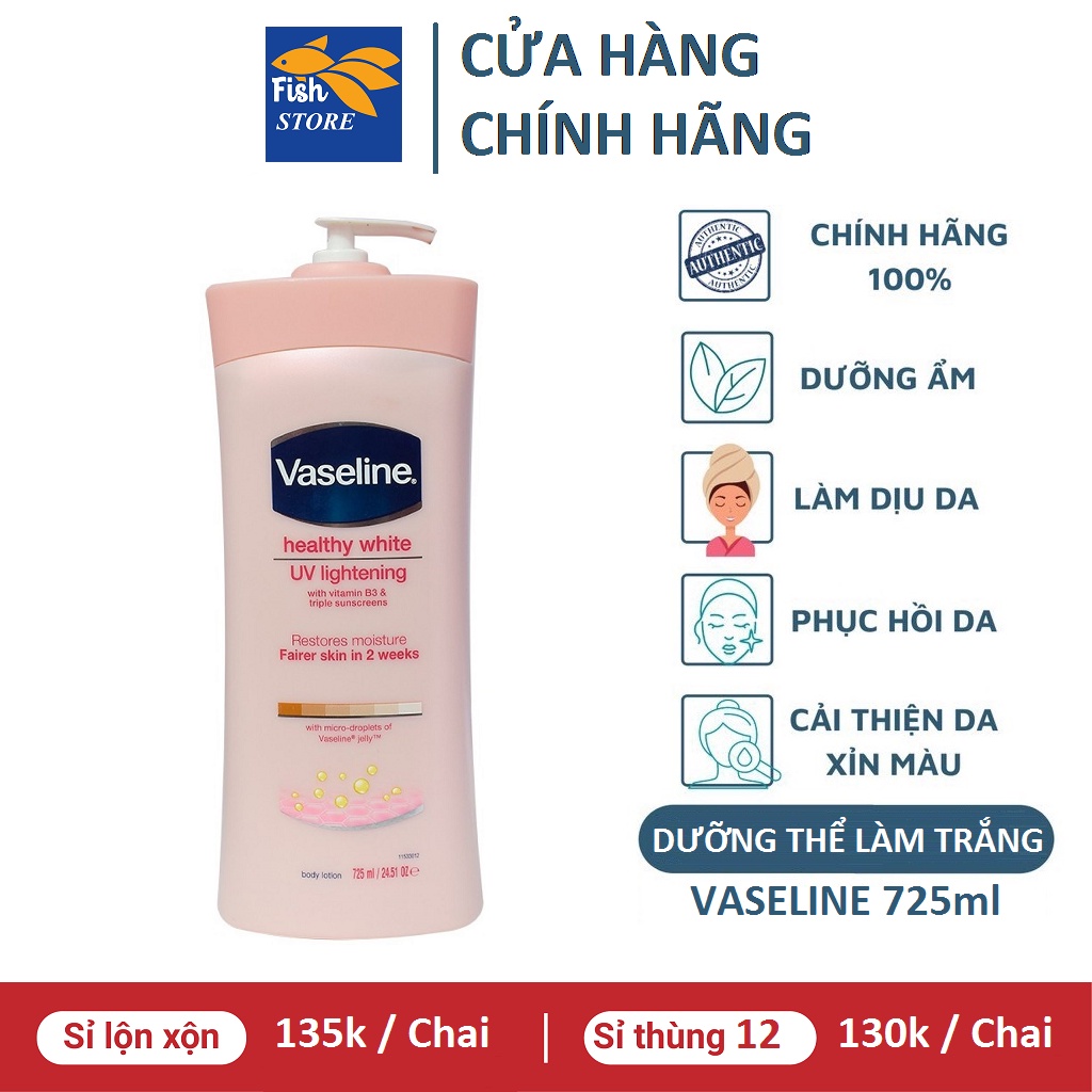 (Có Bán Sỉ) Sữa dưỡng thể Vaseline Healthy White UV Lightening Body Lotion 725ml giúp dưỡng trắng dưỡng ẩm