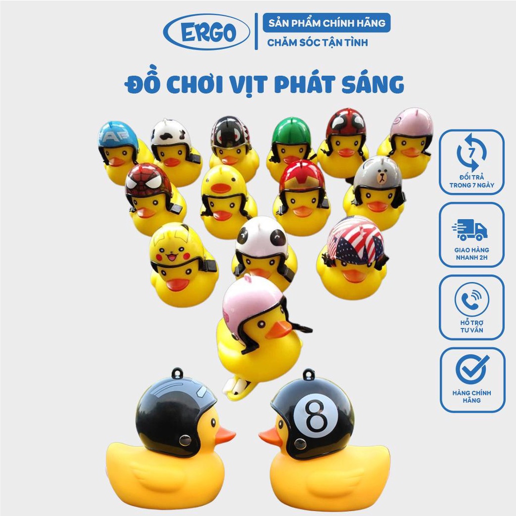 Đồ chơi vịt vàng đội mũ bảo hiểm có còi và đèn Led gắn xe cho bé chơi
