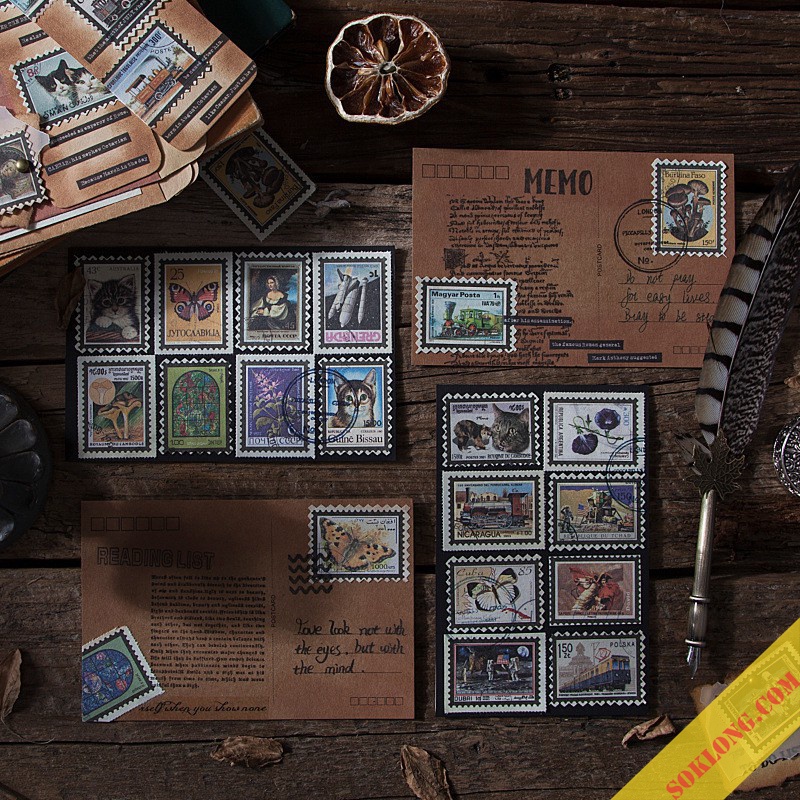 Bộ 40 tem dán nhãn sticker cổ điển vintage - Tập phong bì tem retro Tuệ Minh