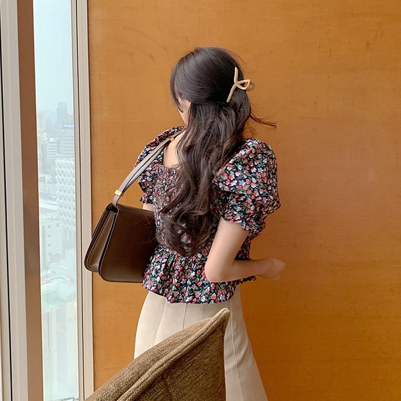 Áo SUXI tay ngắn cổ chữ V in hoa phong cách Hàn Quốc cổ điển