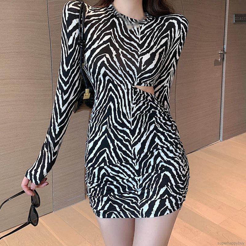 Đầm dáng ôm họa tiết da báo/ngựa vằn dài tay cổ tròn thời trang cho nữ