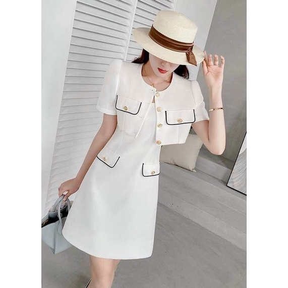 Đầm thời trang nữ mặc đi chơi chất cotton lạnh màu trắng kèm khoác tiểu thư