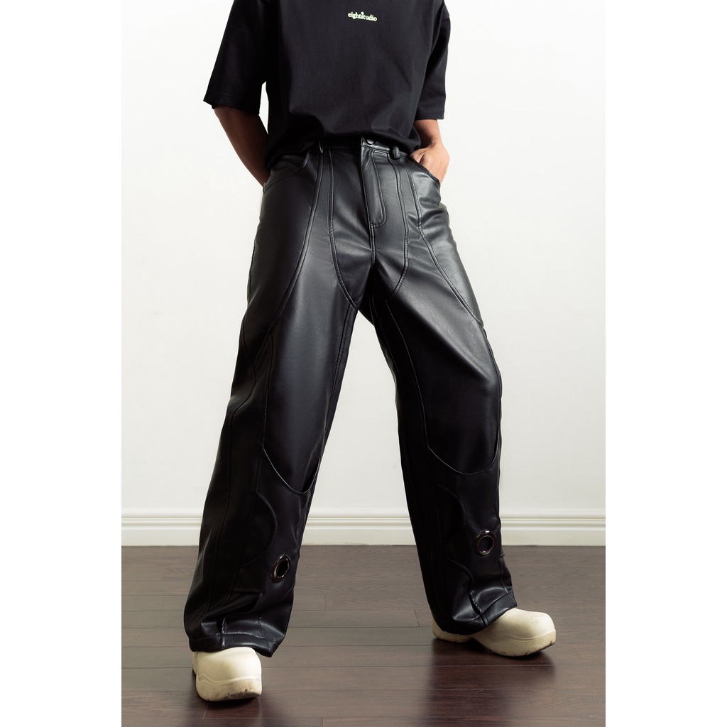 Eight Studio - Unisex Faux Leather Straight Ring Pants / Quần Da Ống Rộng Màu Đen Có Chi Tiết Mắt Cáo