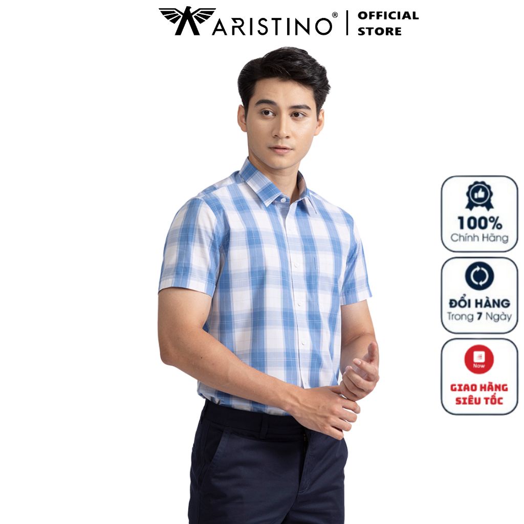 Áo Sơ Mi Nam Ngắn Tay ARISTINO ASS023S2 Somi Công Sở Cao Cấp Màu Trắng Caro Xanh Vải Sợi sồi Dáng Suông tà lượn có túi