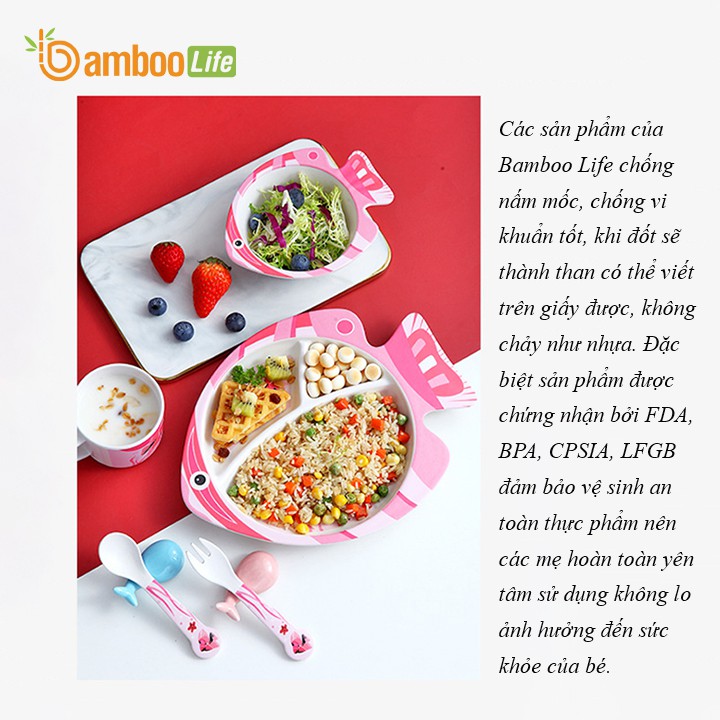 Khay ăn dặm sợi tre Bamboo Life BL029 bộ 5 chi tiết gồm thìa, dĩa, khay, bát, cốc hình cá cute