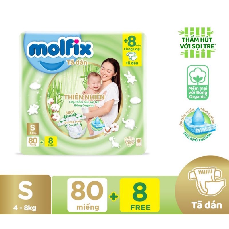 Tã dán thiên nhiên Molfix Super Jumbo S80/M76/L68/XL62/XXL56 tặng 8 miếng