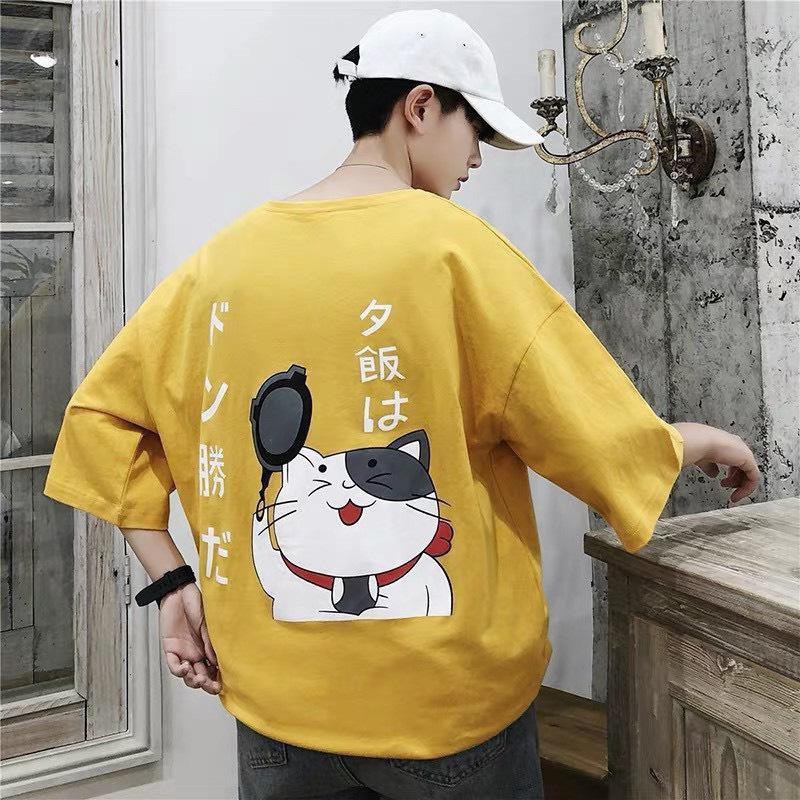 [TẶNG DẦU GỘI] Áo thun nam nữ unisex form rộng tay lỡ in hình mèo và chữ nhật bản cute