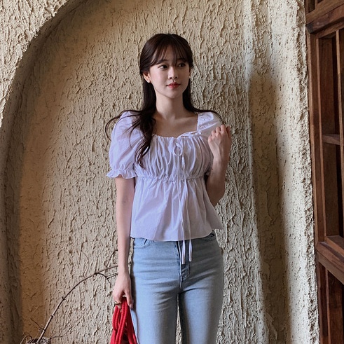 SUXI Áo Kiểu Tay Ngắn Cổ Vuông Màu Sắc Đơn Giản Phối Dây Rút Phong Cách Hàn Quốc Xinh Xắn