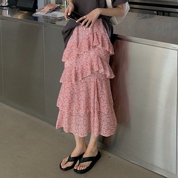 CHÂN VÁY TẦNG MIDI / MIDI SKIRT NỮ DÁNG XOÈ VẢI HOA THANH LỊCH