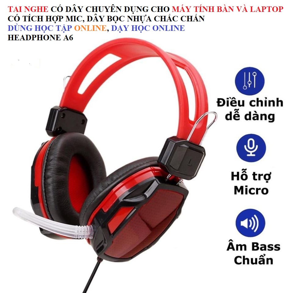 HEADPHONE MÁY TÍNH A6  CÓ MIC CHUYÊN DÙNG HỌC TẬP, LÀM VIỆC VÀ GAMING BẢO HÀNH 1 NĂM TAI NGHE VỚI JACK CẮM 3.5 PD0064