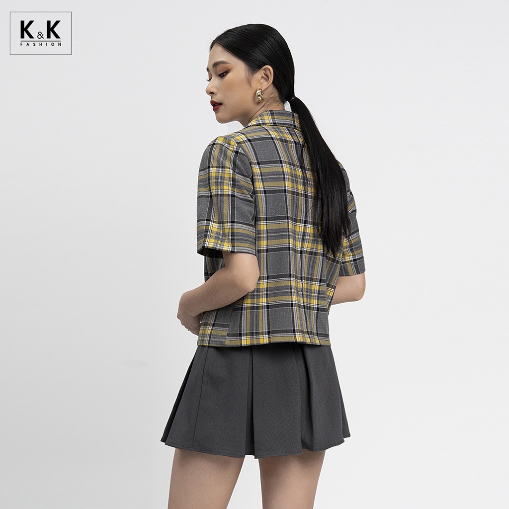 Áo Khoác Blazer Tay ngắn Kẻ Caro K&amp;K Fashion AK10-21 Màu Xám Sọc Vàng Chất Liệu Kaki