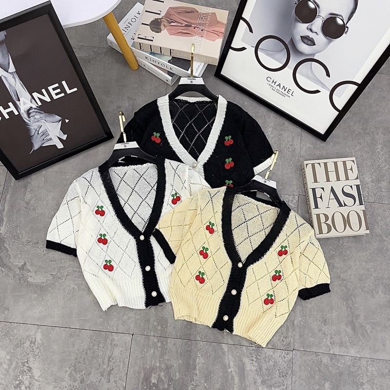 Áo len croptop cardigan cộc tay thêu quả cherry phong cách ngọt ngào