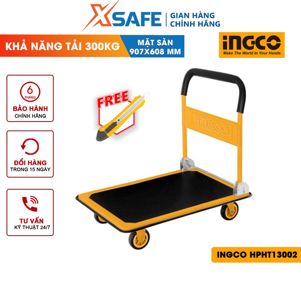 Xe đẩy hàng 4 bánh gấp gọn INGCO HPHT13002 thép có tấm lót mền, khả năng tải 300kg