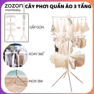 Cây treo quần áo inox, giàn phơi thông minh, móc quần áo cho bé và trẻ sơ sinh 3 tầng 56 kẹp móc gấp gọn Zozon "