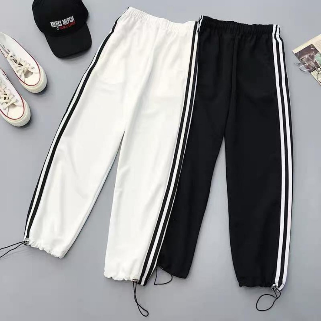 Quần jogger nam nữ thể thao 3 sọc form ống rộng để suông hoặc rút dây bo gấu vải mịn năng động trẻ trung