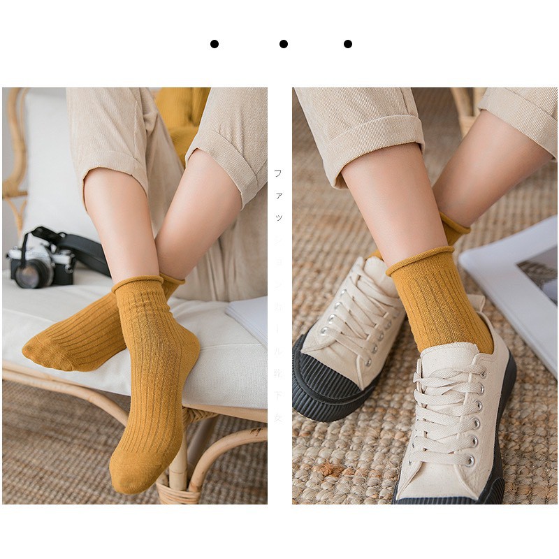 Vớ Cao Cổ Trơn Cuộn Tất Vớ cổ Cao Trơn Phong Cách Hàn Nhật Vớ Cổ Cao Nam nữ Cute Cotton Phong Cách Ulzzang