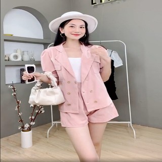 Set áo cổ vest 6 khuy kèm quần short LYRA, set bộ cao cấp dáng suông trơn màu pastel xinh xắn-VXYSE0060