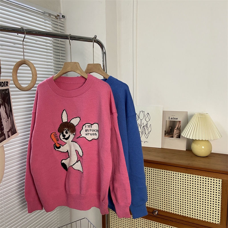 Áo Sweater Chui Đầu Dáng Rộng Hình Thỏ Lông Nâu Hồng Thời Trang Thu Đông Hàn Quốc Mới Cho Nữ