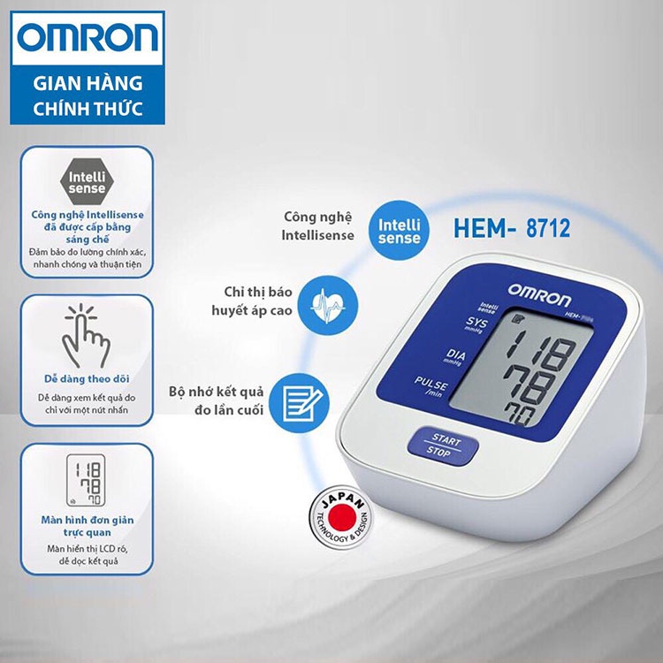 Máy đo huyết áp điện tử bắp tay Omron 8712, công nghệ Nhật Bản. Tặng bộ đổi nguồn Adapter. Chính Hãng Bảo hành 5 Năm