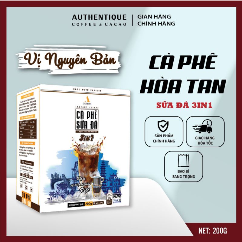 Cà phê sữa đá hòa tan 3in1 - Authentique Coffee&amp;Cacao- Hộp 10 gói*20g