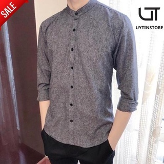Áo sơ mi cổ tàu nam dài tay đũi. Sơ mi vải đũi nam chất liệu đũi giày