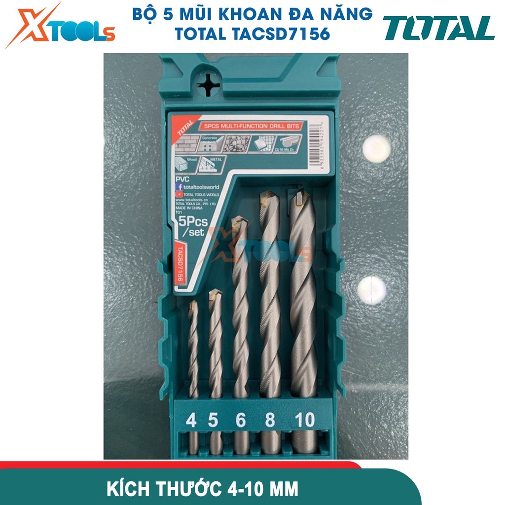 Bộ 5 mũi khoan đa năng đuôi trơn 2 cạnh Total siêu bén siêu cứng sz 4-10mm, mũi khoan sắt, gỗ, kính -CHÍNH HÃNG-XTOOLS