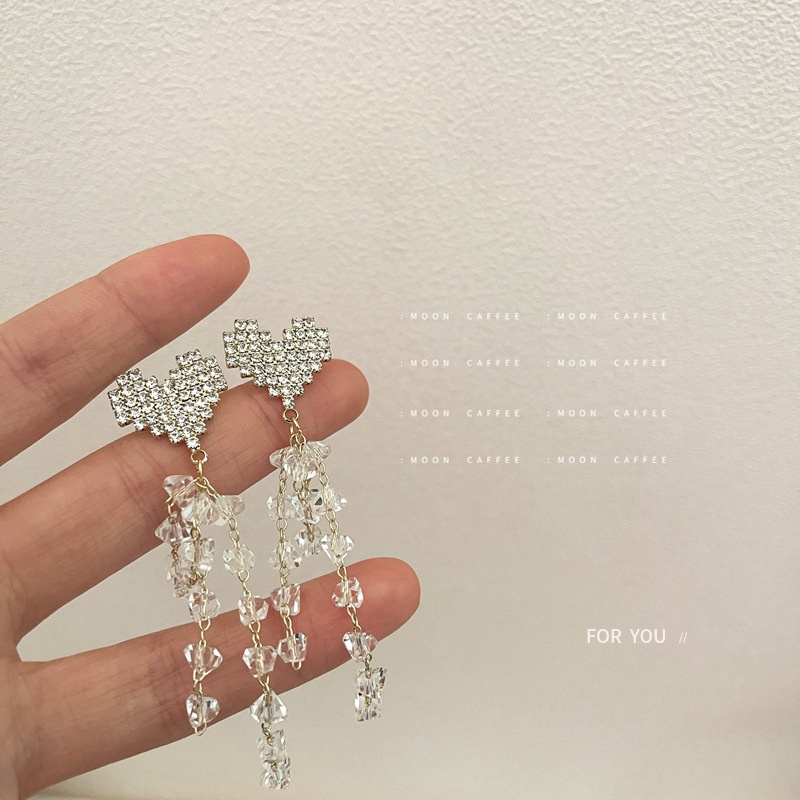 Toàn Bộ Bông Tai Mạ Bạc 925 Dáng Dài Hình Trái Tim Đính Đá Pha Lê Phong Cách Hàn Quốc