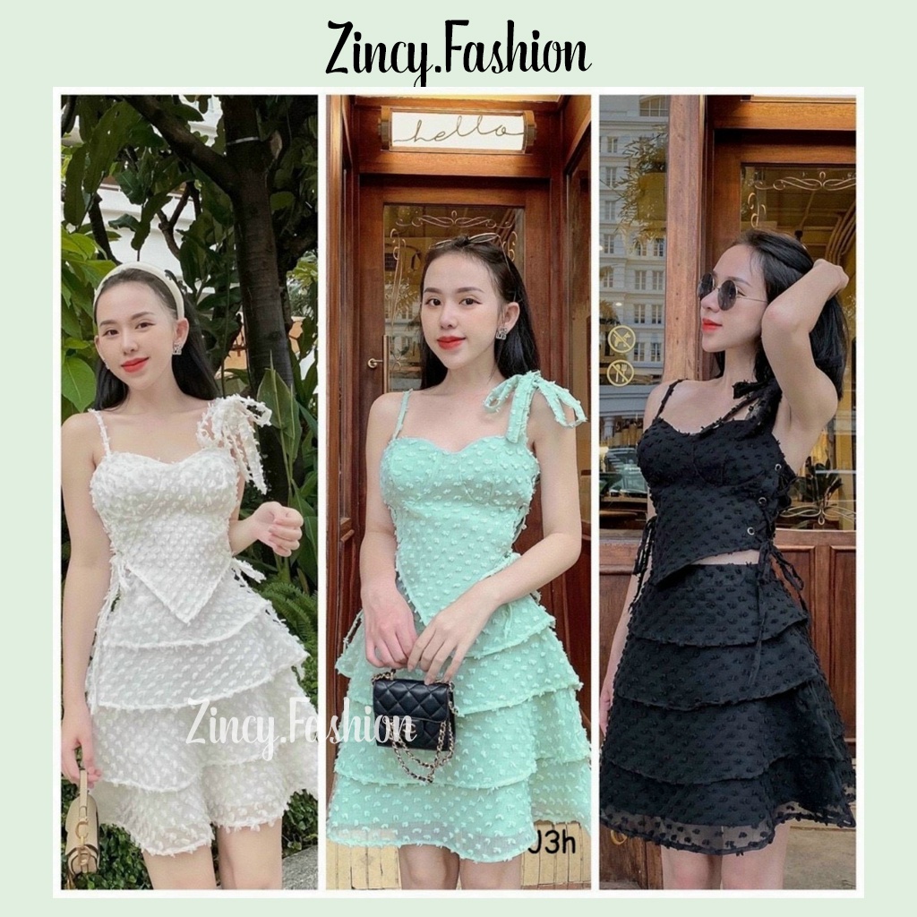 Set áo dây nơ vai kèm chân váy xoè tầng tiểu thư voan bi Set đồ đi chơi Zincy KÈM HÌNH THẬT