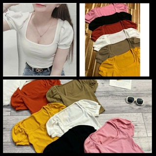 Áo thun gân tay phồng cổ vuông croptop