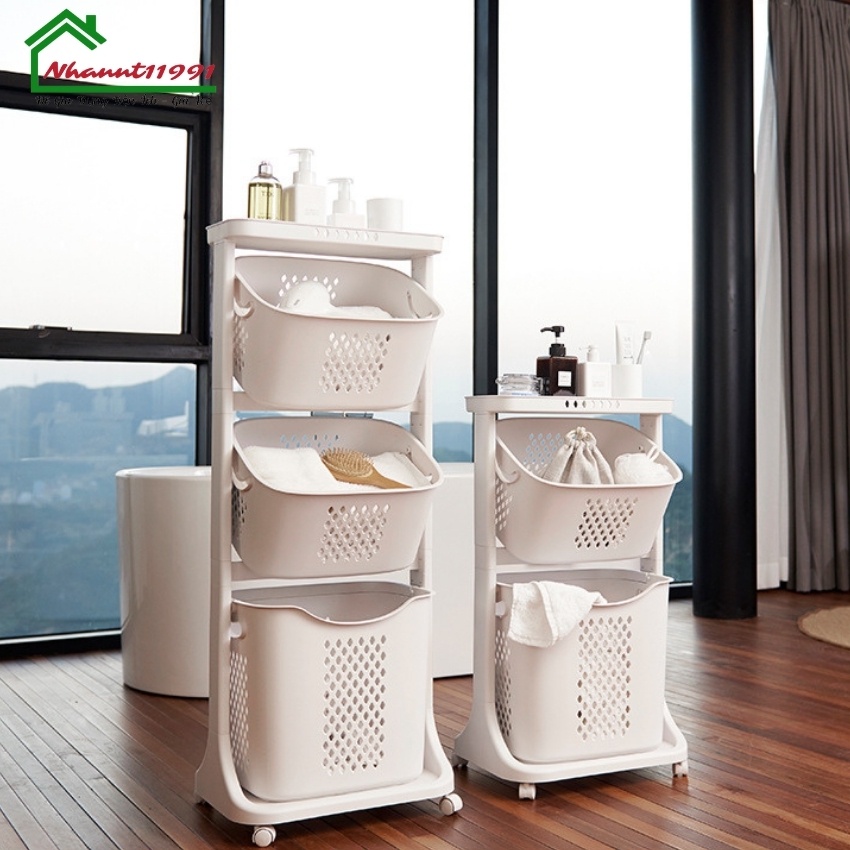 Kệ Đựng Đồ Đa Năng 3 Tầng, Giỏ Đựng Quần Áo Bẩn Phòng Tắm Có Bánh Xe Phong Cách Việt Nhật 5567