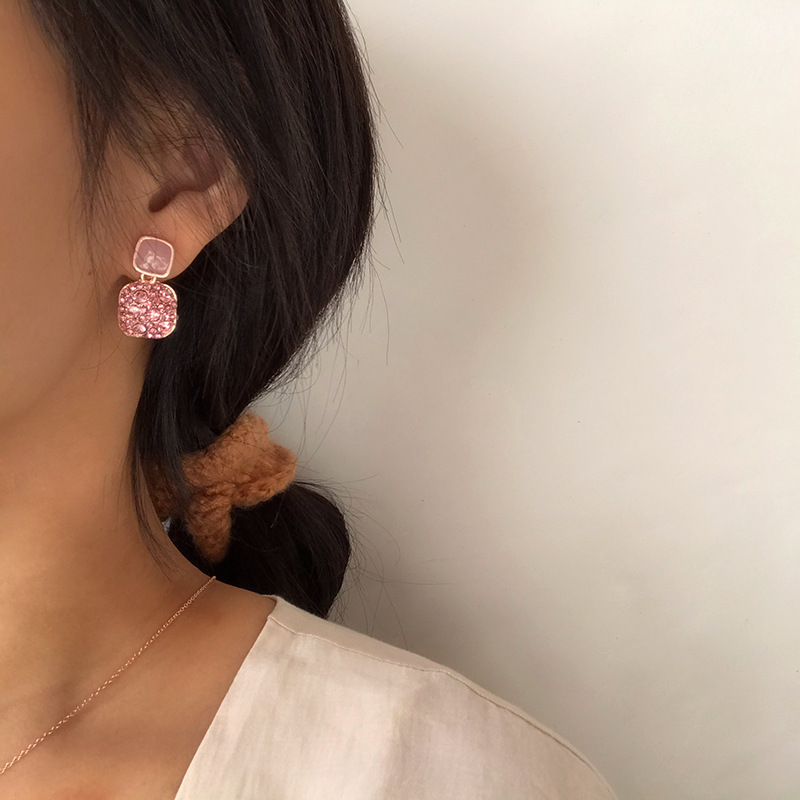  Bông tai mạ bạc 925 hình vuông màu hồng thời trang Hàn Quốc 2020 cho nữ