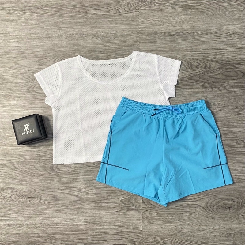 Bộ đùi dù 2 lớp viền chỉ kèm áo lưới siêu xinh tập gym yoga nữ