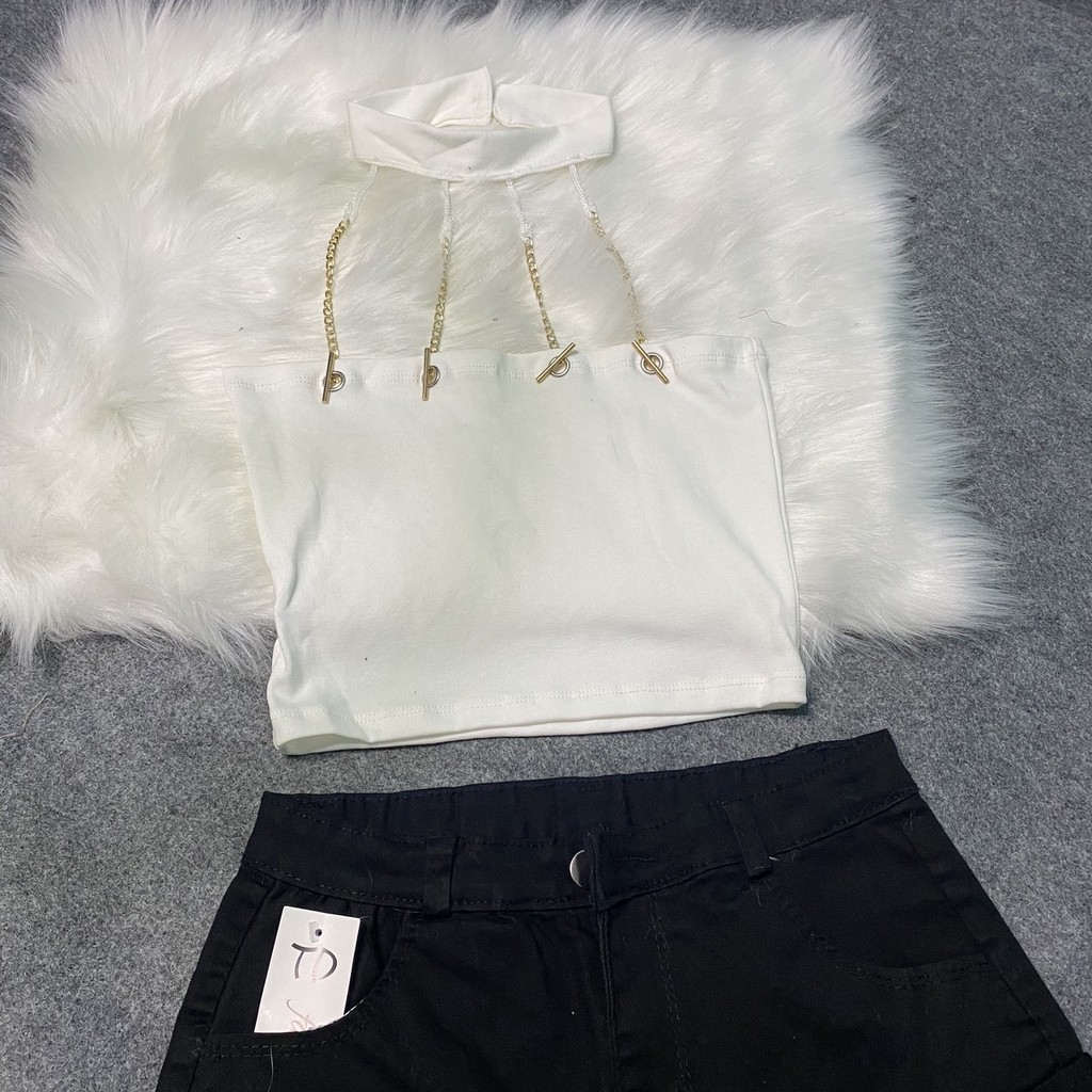 Set áo yếm choker dây xích quần short kaki đính khoen rời siêu hot - set đồ phối sẵn