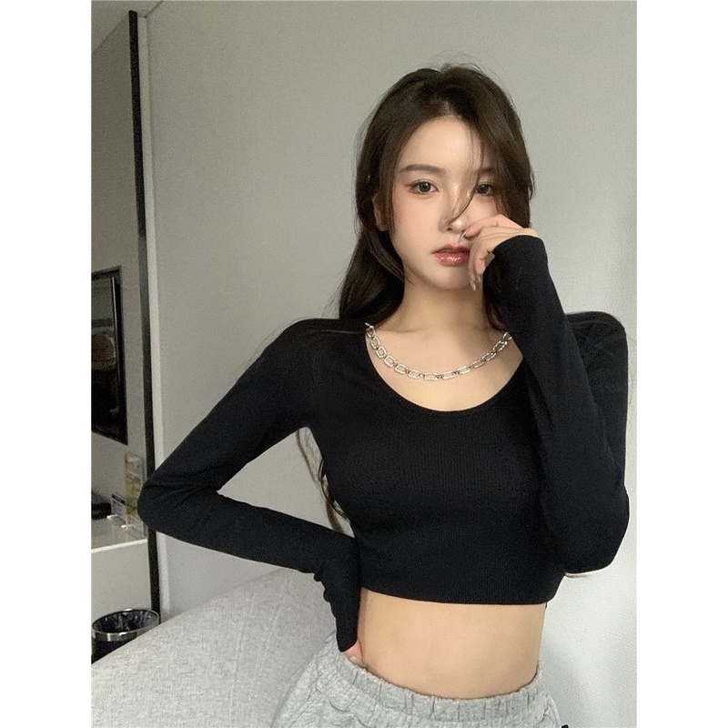 Áo croptop dài tay, áo thun tăm croptop cổ cài dây đá