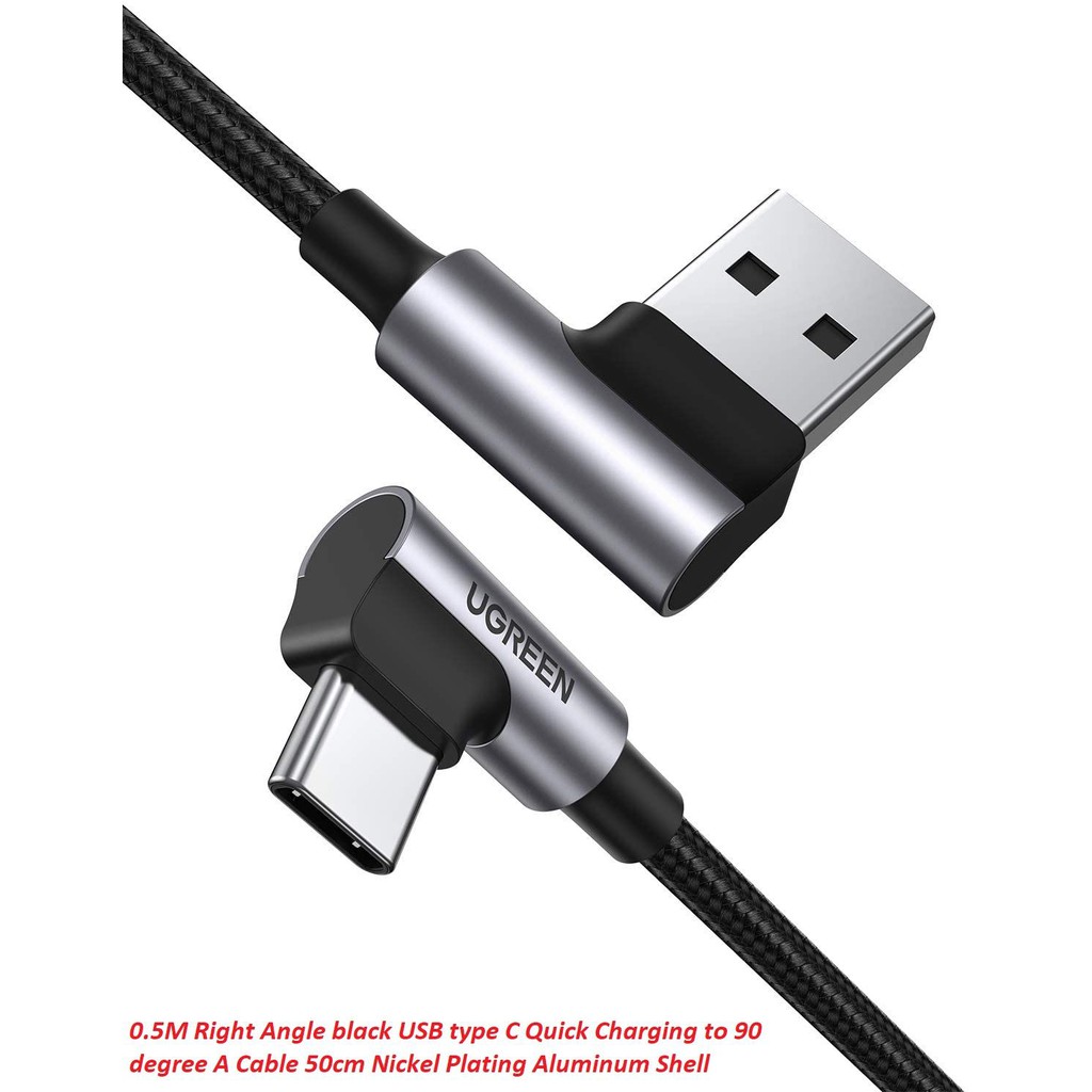 Ugreen 20855 0.5M 2 đầu bẻ góc 90 độ cáp usb type C ra A mạ Nickel đầu bọc nhôm chống nhiễu US176