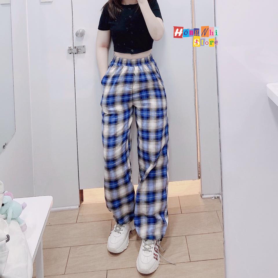 Quần Caro Dài Dây Rút Lai Ống Rộng Chun Thun Bo Lai Nam Nữ Unisex Culottes Ulzzang - MM