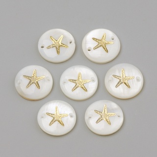 10pcs Freshwater Shell Links connectors Flat Round & Starfish/Sea Stars Golden 16x4mm Hole: 1.5mm