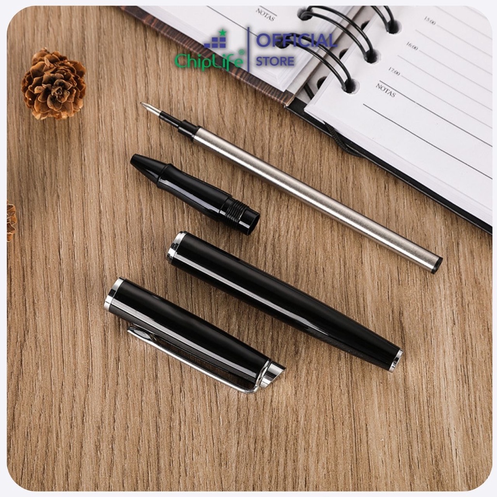 Bút kim loại nắp CHIPLIFE khắc tên P026 - ngòi 0.5mm đen viền vàng Pemall mực xanh