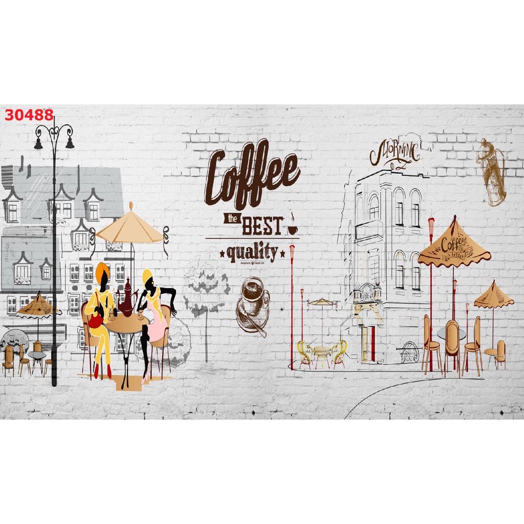 Tranh dán tường khổ lớn Quán Cafe, Trà chanh, Trà Sữa, Trang Trí Cửa Hàng 3D
