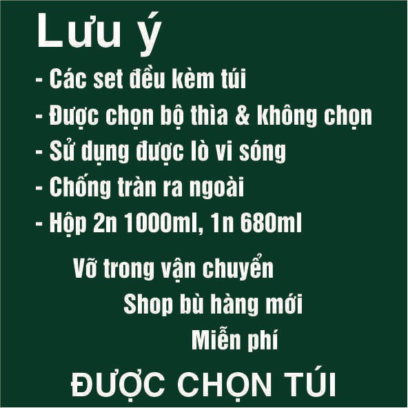 Bộ hộp cơm văn phòng thủy tinh chia ngăn Kèm túi giữ nhiệt, muỗng - Hộp đựng thức ăn chống tràn 1000ml - 680ml(nắp bằng)