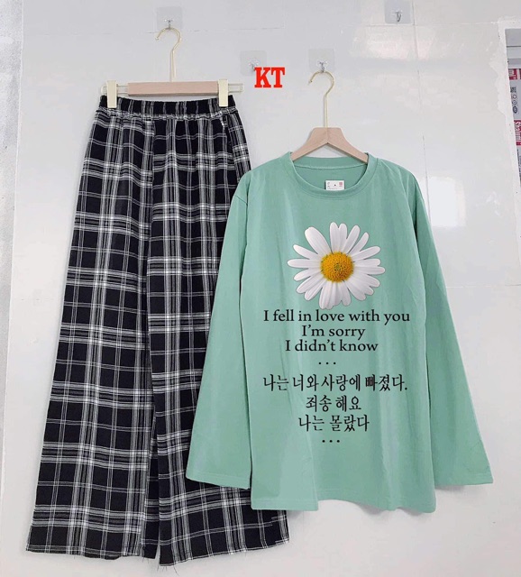 Sét hoa cúc chữ Hàn da cá + quần kẻ THG875
