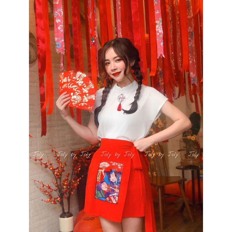 Set Nữ 2 Món Áo Cổ Tàu Chân Váy Ngắn Thêu