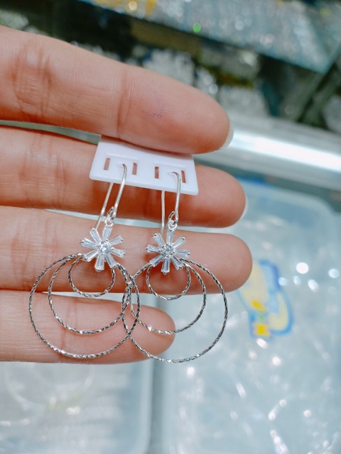 Khuyên tai móctreo hoa tuyết phối hào quang vòng tròn bạc chuẩn