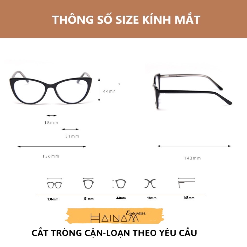 Gọng kính mắt mèo nữ thời trang, chân cốt kim loại bền đẹp Hainam eyewear 8013