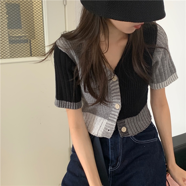 Áo croptop XIAOZHAINV tay ngắn cổ chữ V phong cách cổ điển cho nữ