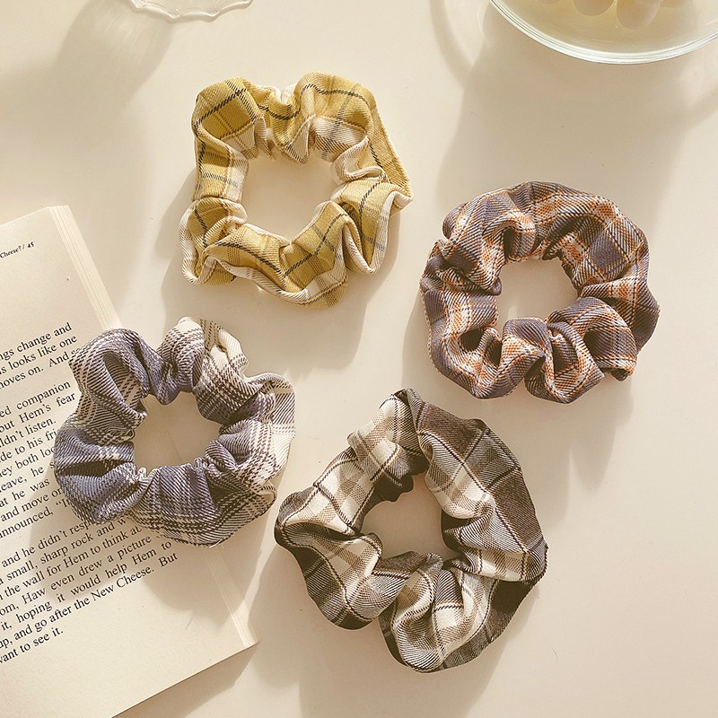 Scrunchies / Dây Cột Tóc Họa Tiết Caro Nhiều Màu Xinh Xắn Phong Cách Hàn Quốc