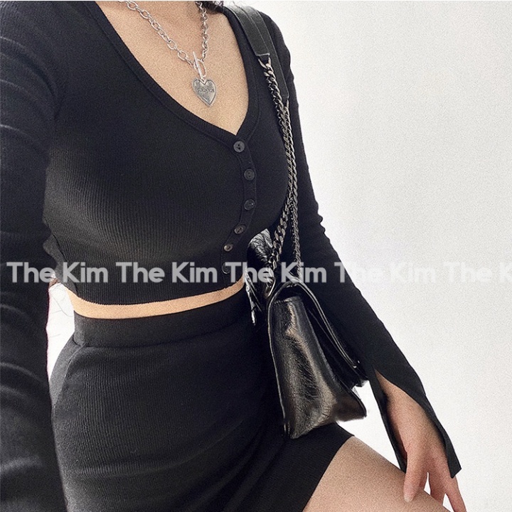 Bộ 2 món áo len tăm dài tay croptop cúc ngực - chân váy ngắn cạp cao , set len tăm ôm body sexy The Kim SV127 - Hàng mới
