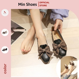 Giày da nữ cao gót nơ lụa đế vuông 5cm